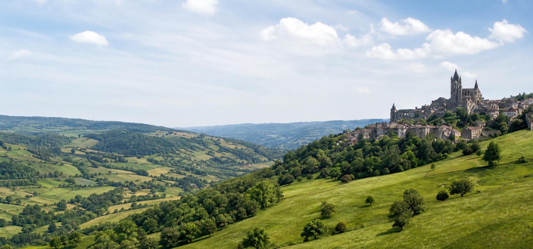 Paysage de collines verdoyantes et village surplombant la vallée